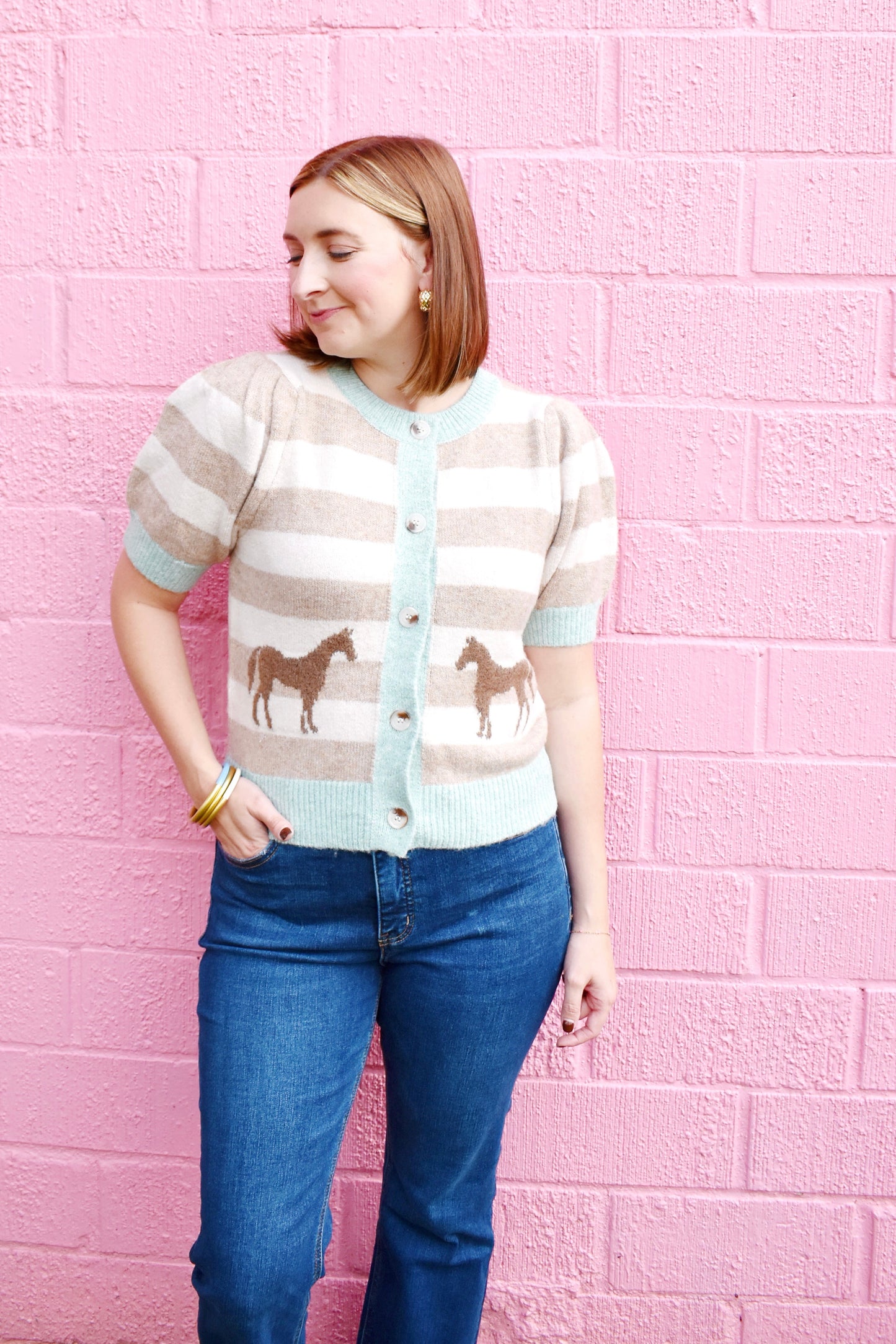 Mint Striped Horse Short Sleeve Cardigan