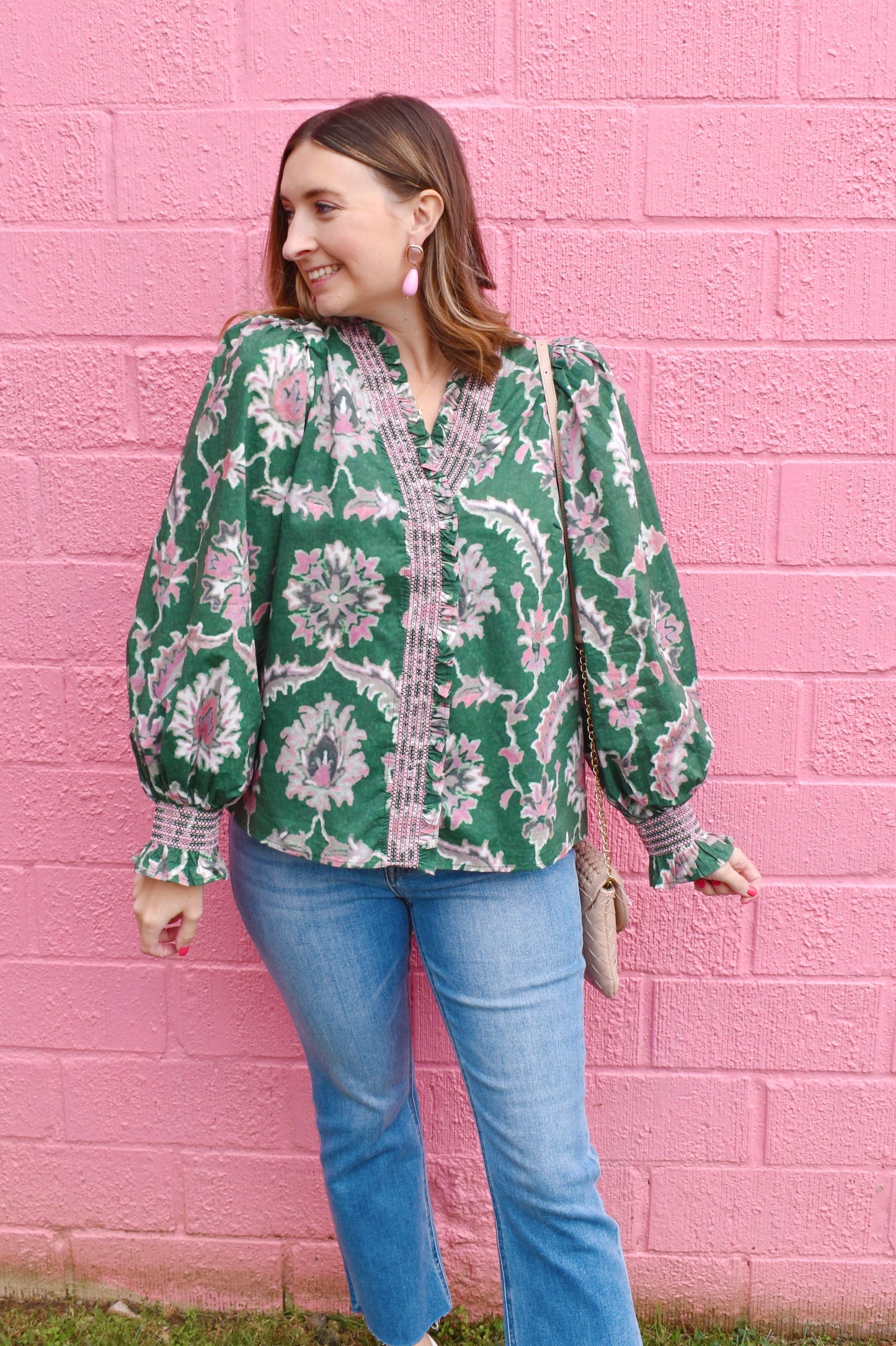 Pine & Pink Floral Ruffle Detail Blouse