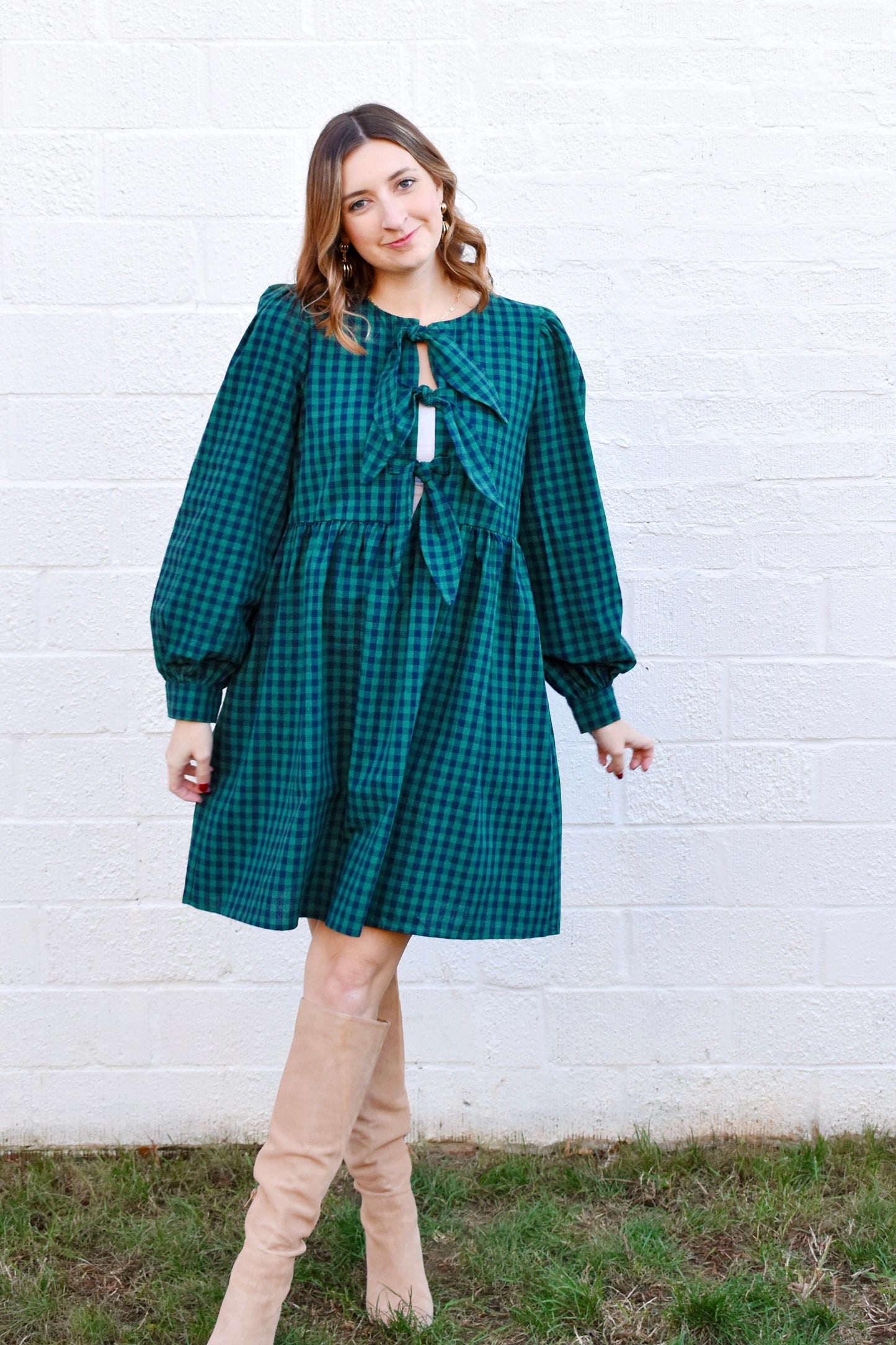 Green & Navy Checkered Tie Front Dress