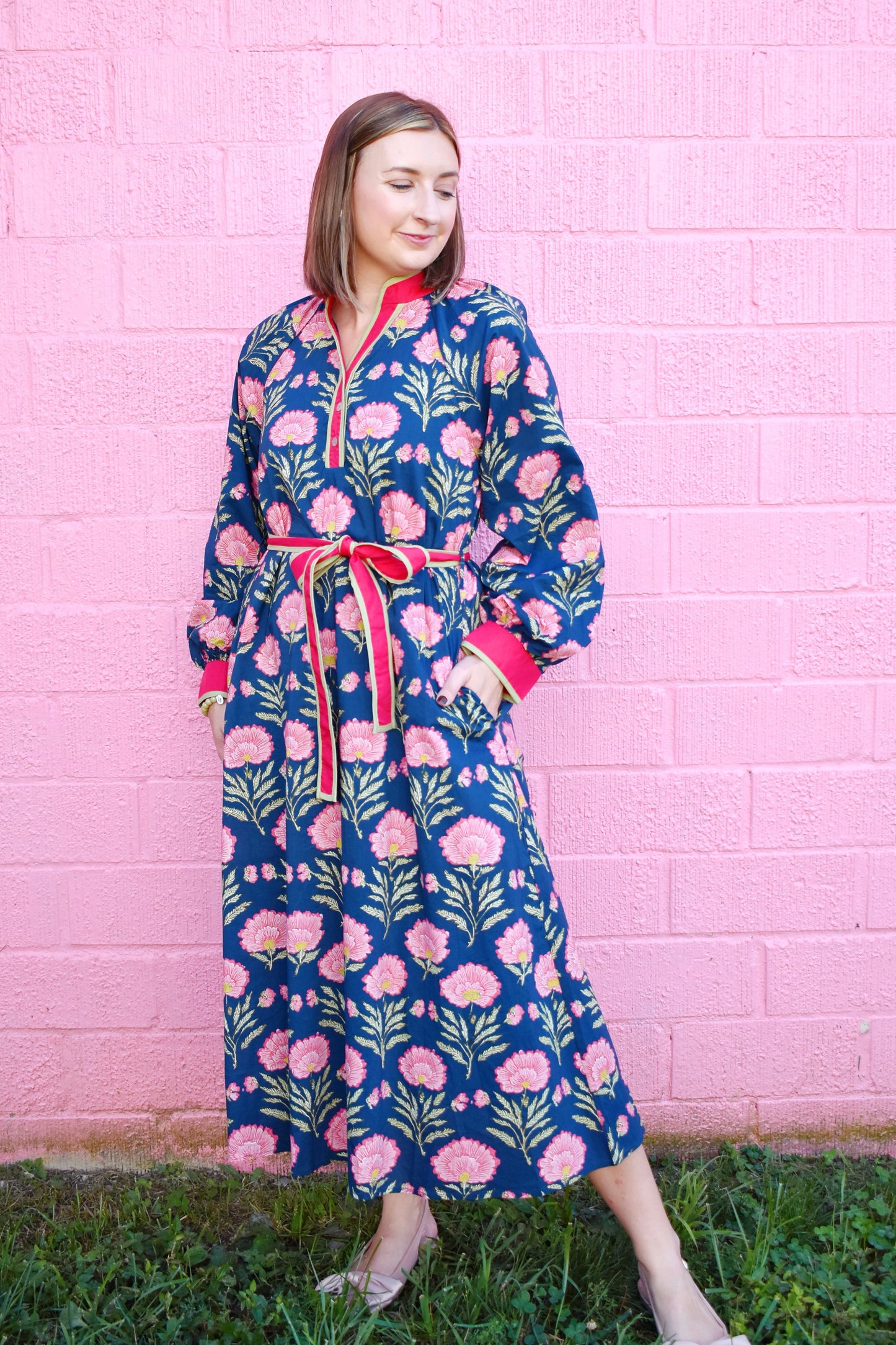 Navy Floral Pink & Green Contrast Midi Dress