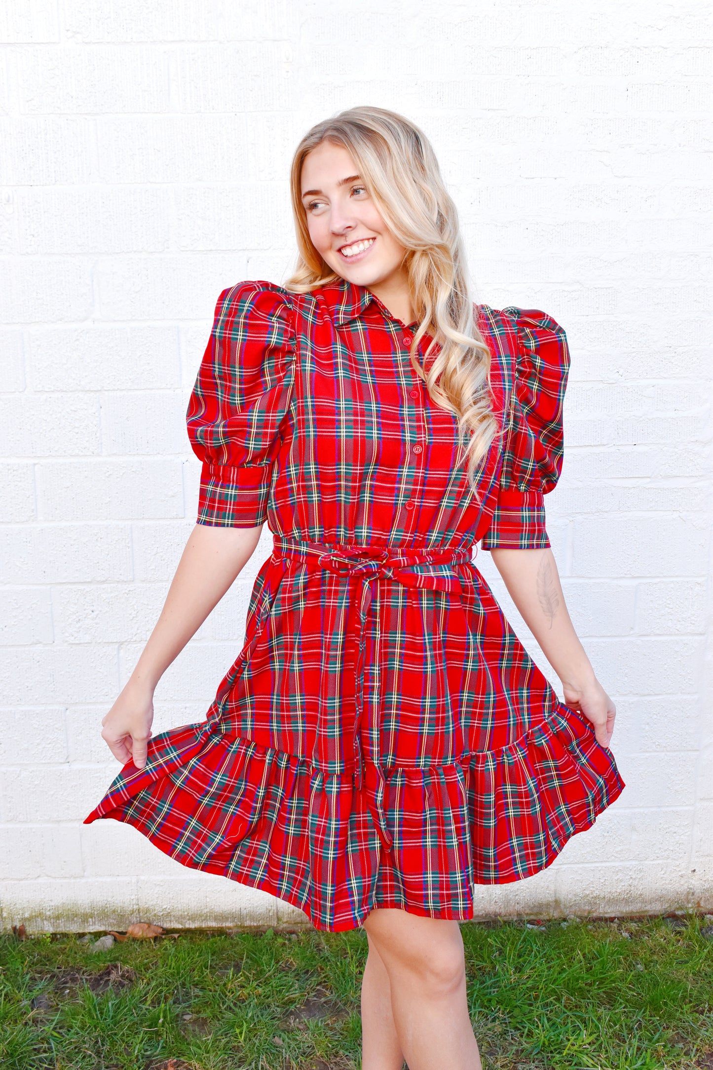Red Tartan Plaid Tie Waist Dress