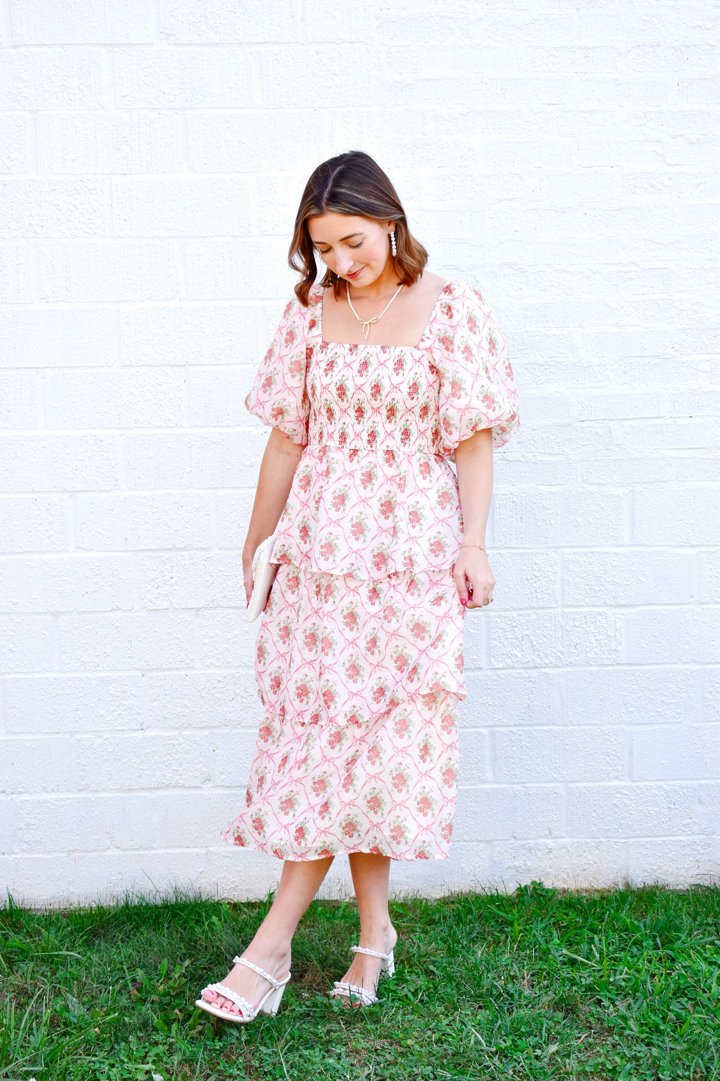 Floral Bow & Rose Printed Tiered Midi Dress