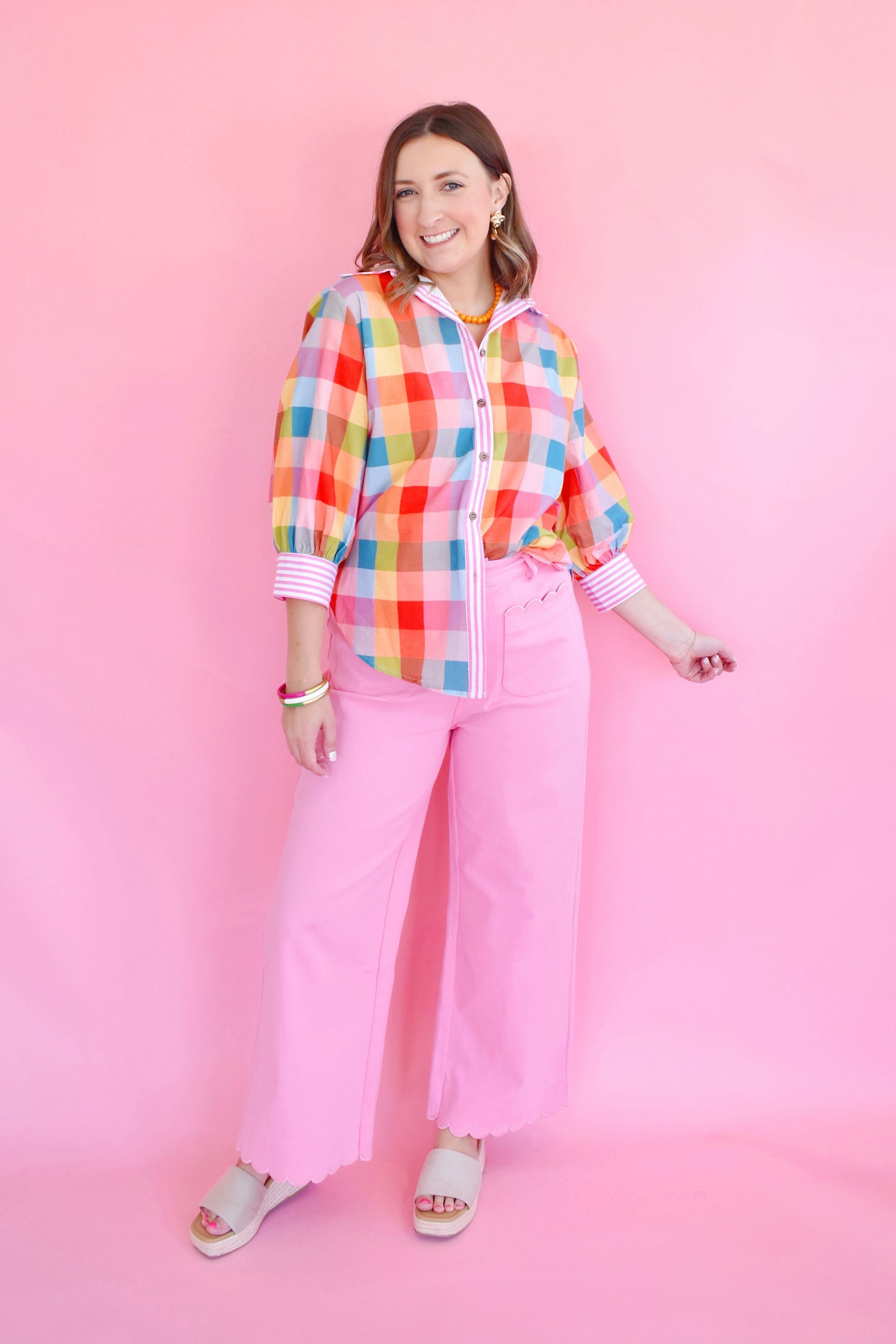 Vivid Multi Gingham Button Down Top