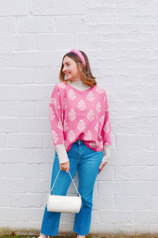 Pink Botanical Printed Mock Neck Sweater