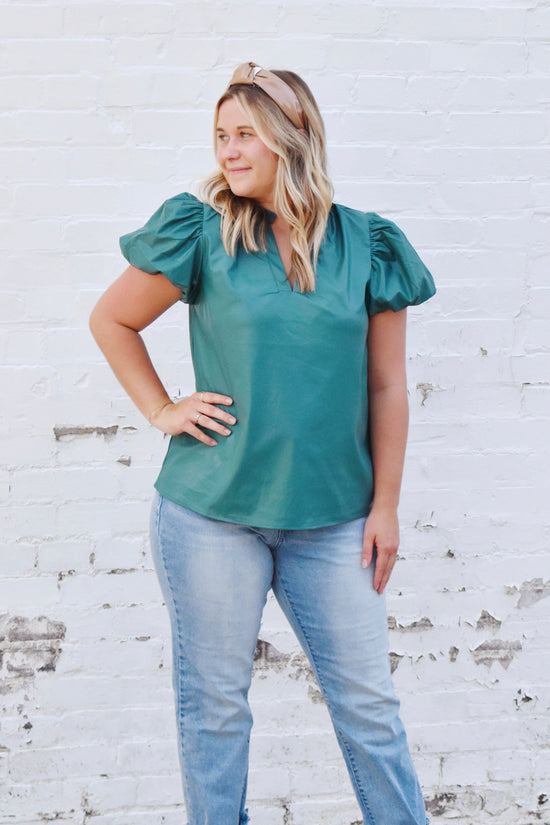 Teal Green Leather Puff Sleeve Top