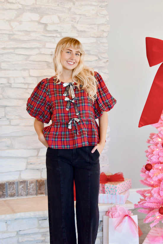 Tartan Sequin Bow Peplum Top