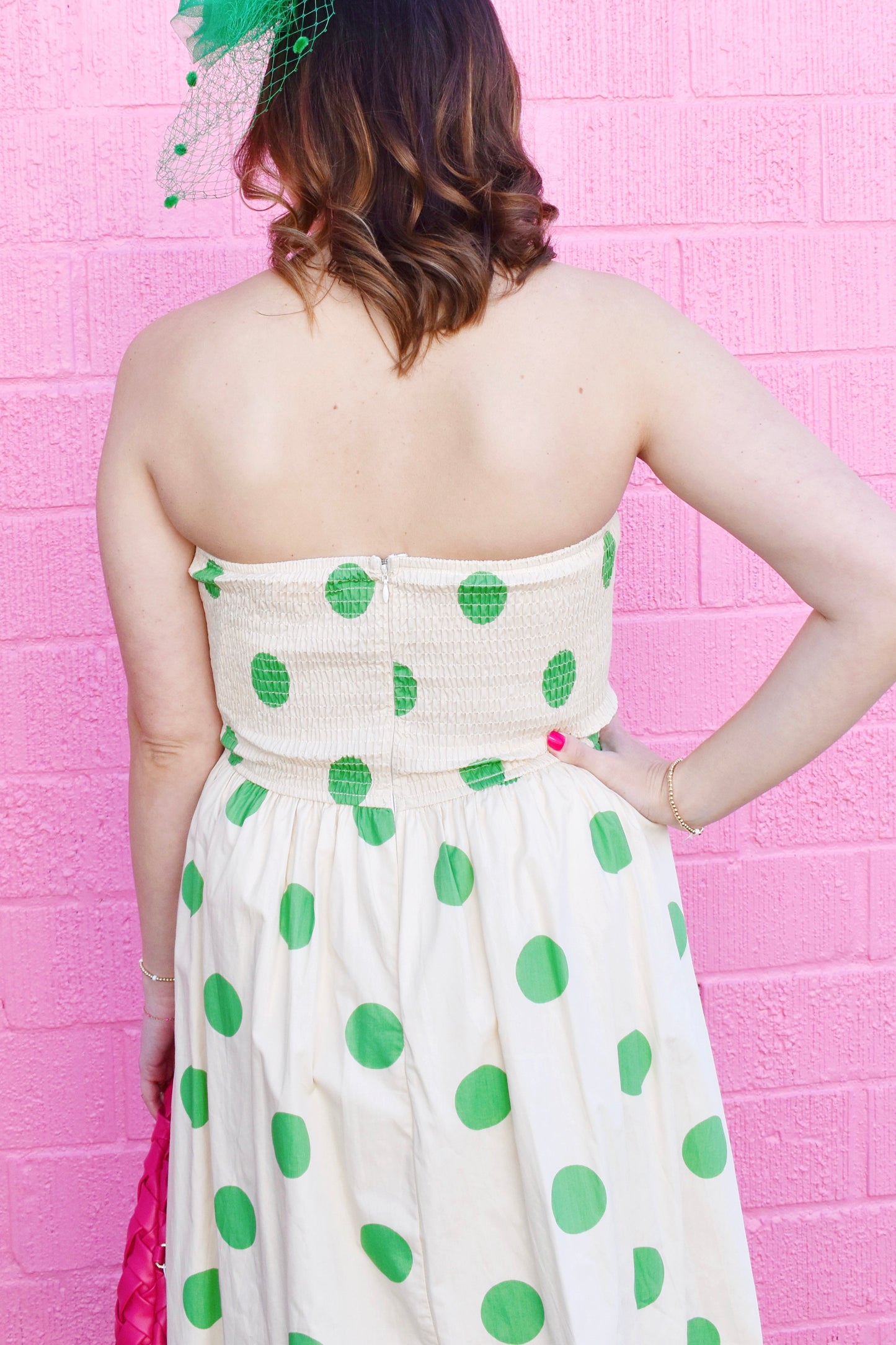 Kelly Green Polka Dot Pleated Bust Midi Dress