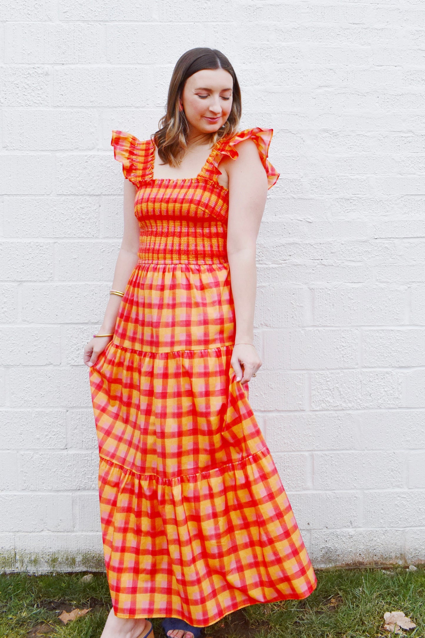 Tangerine Plaid Midi Dress