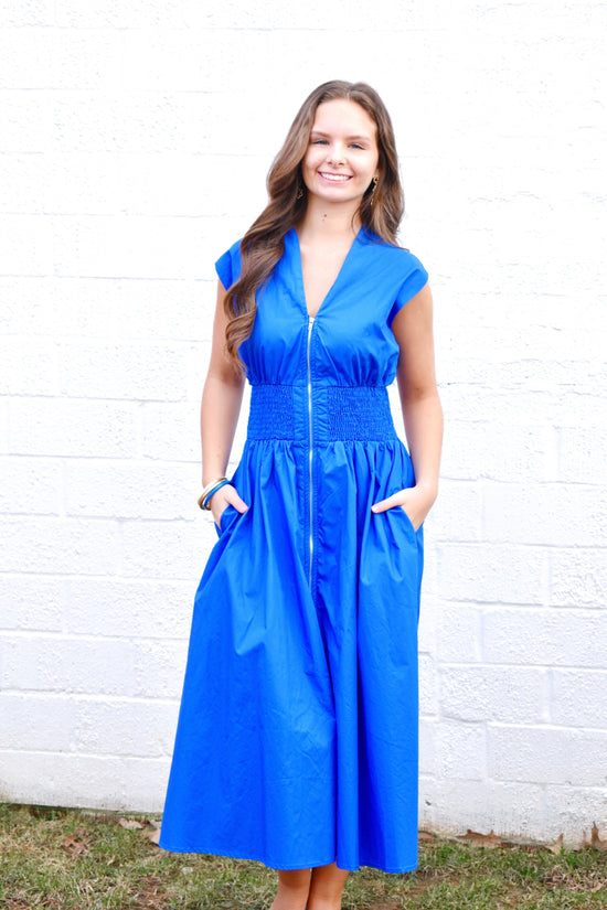 Royal Blue Zip Up Midi Dress