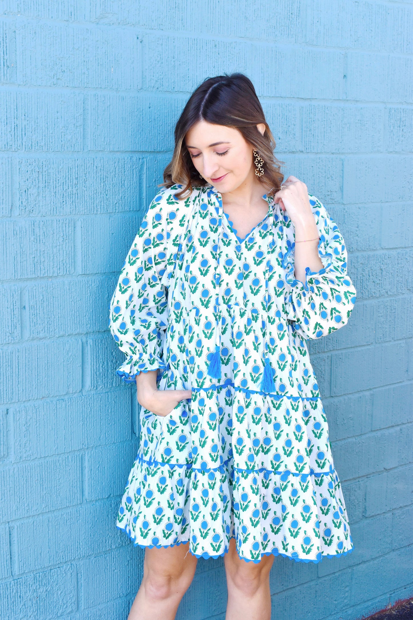 Preppy Blue Floral Dress With Tassels