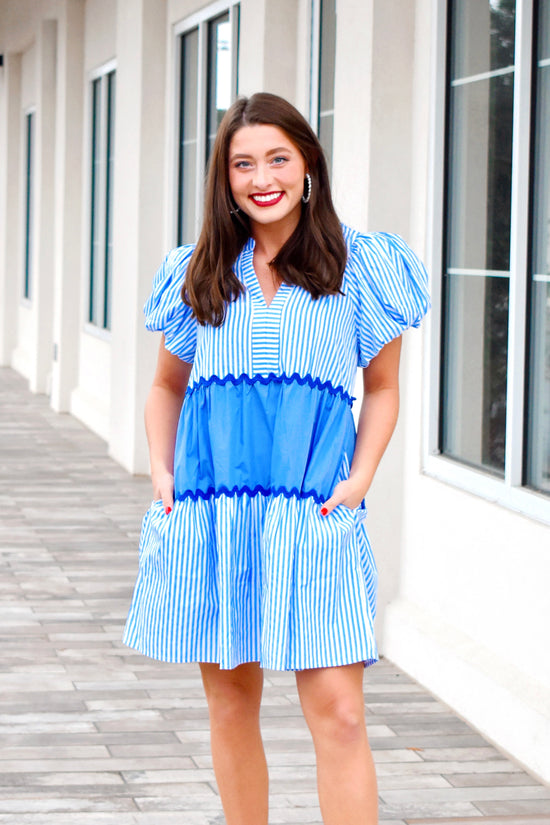 Load image into Gallery viewer, Blue Me Away Striped Babydoll Dress
