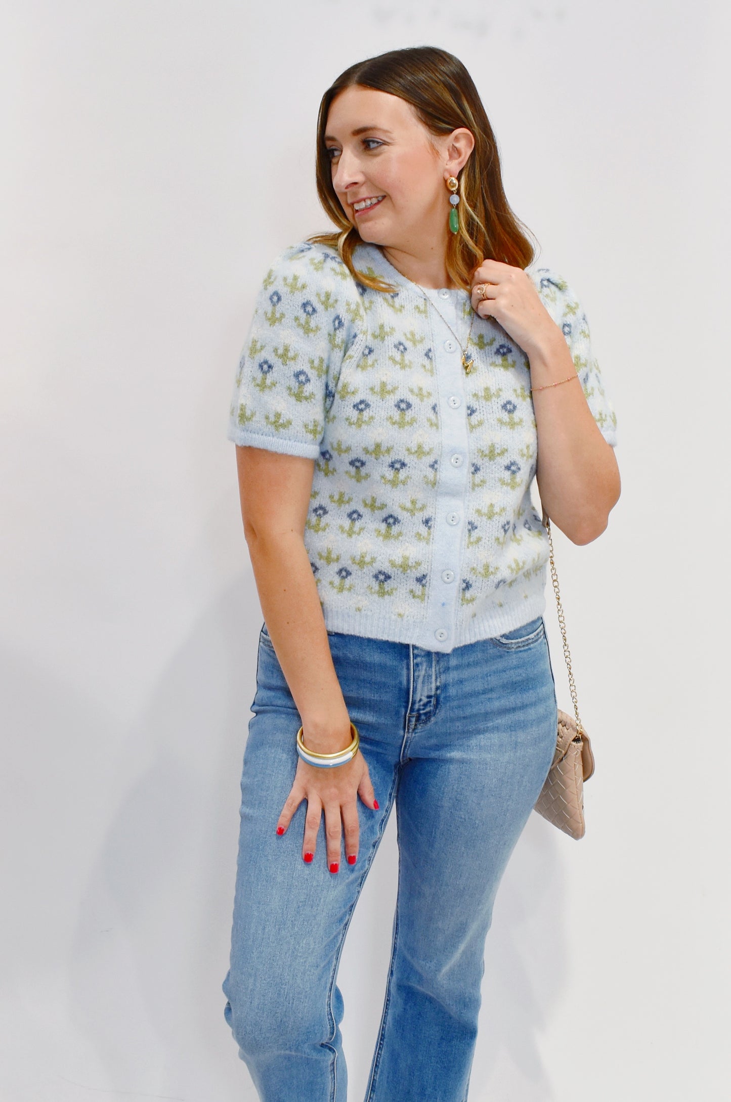 Blue Green Floral Short Sleeve Cardigan