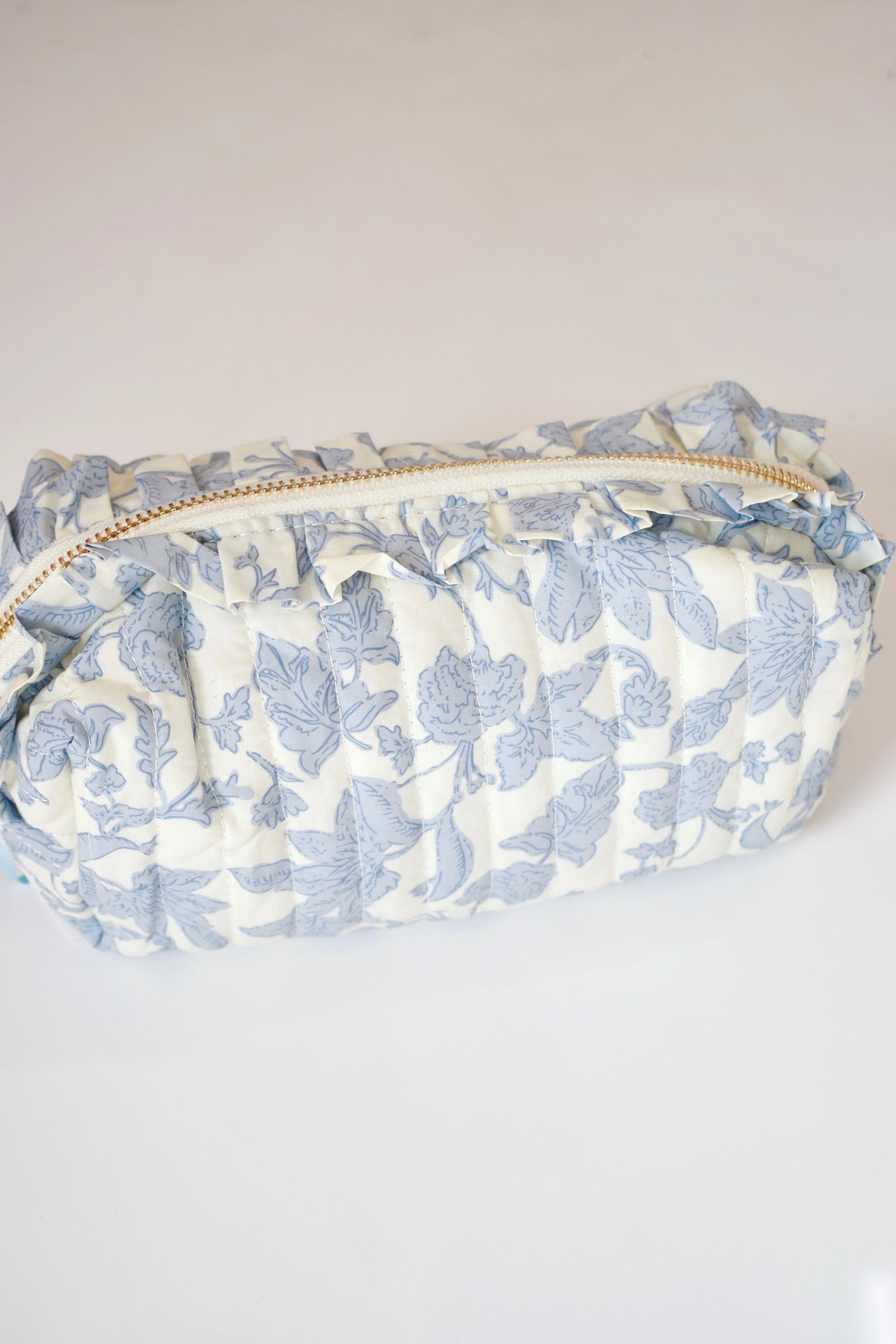 Blue Floral Ruffle Zip Pouch