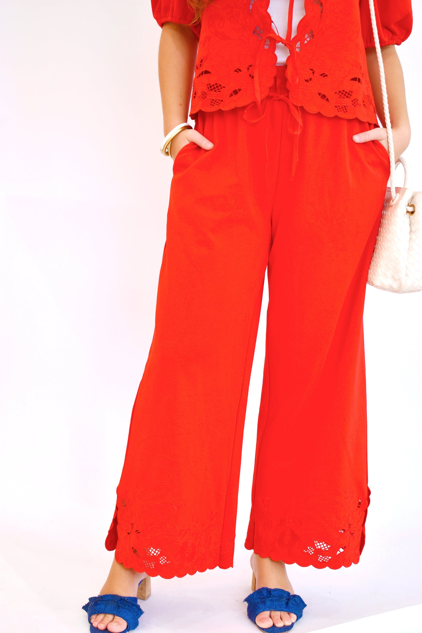 Red Eyelet Embroidery Detailing Drawstring Pants