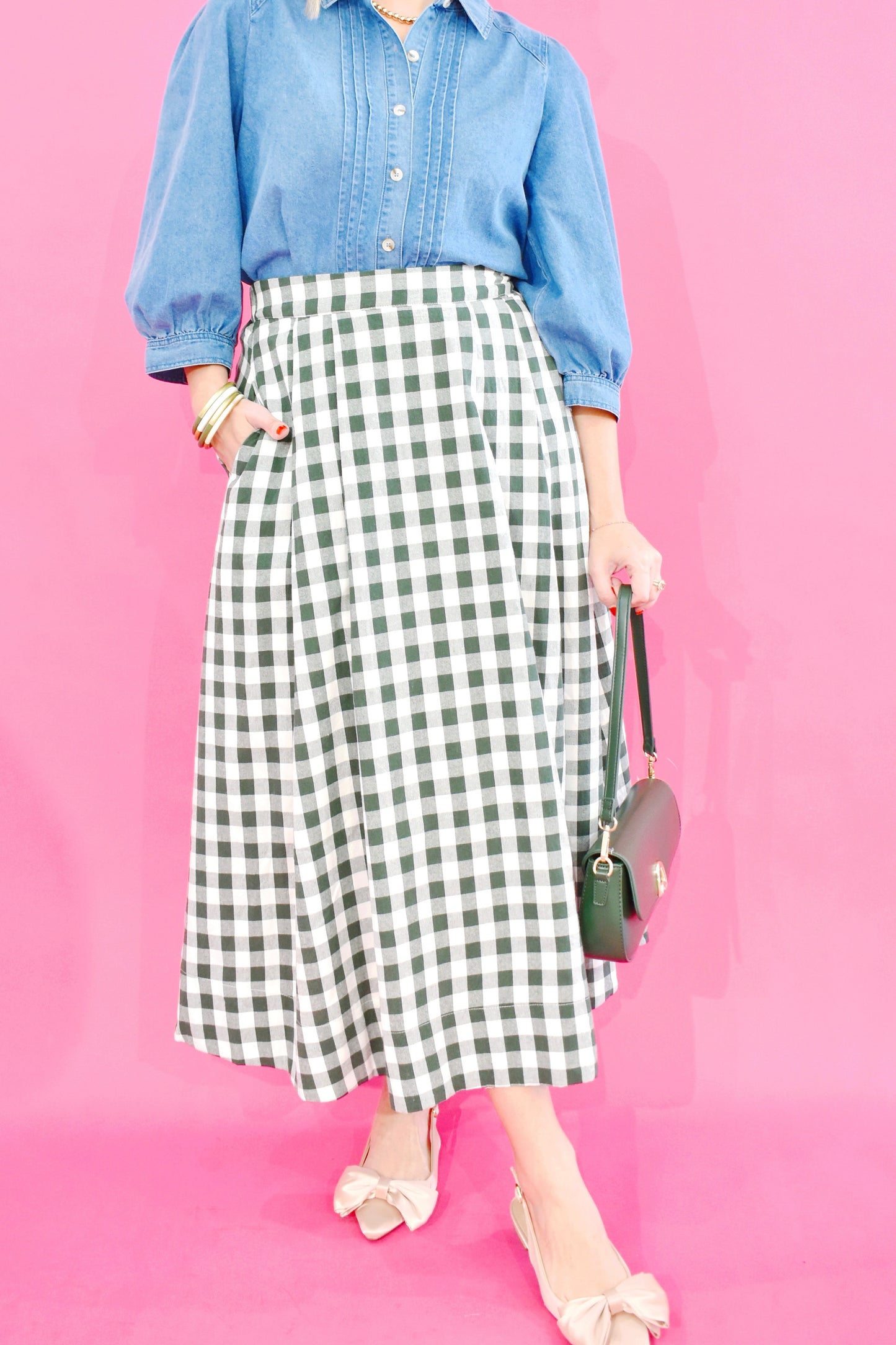 Green Gingham Midi Skirt