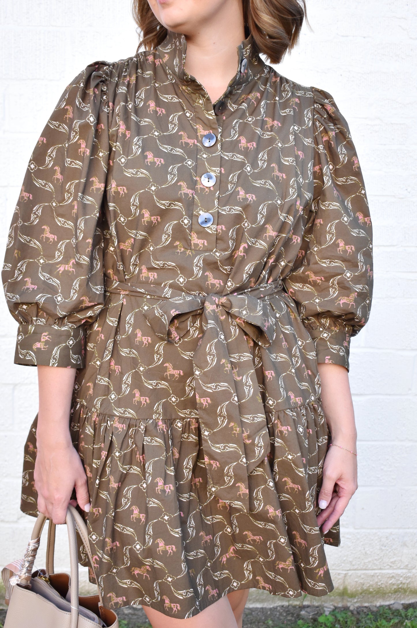 Olive Horse Printed Belted Dress