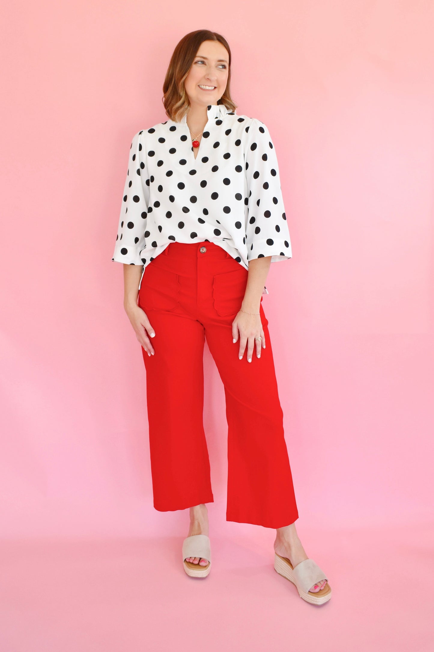 Red Scallop Pocket Wide Leg Pants