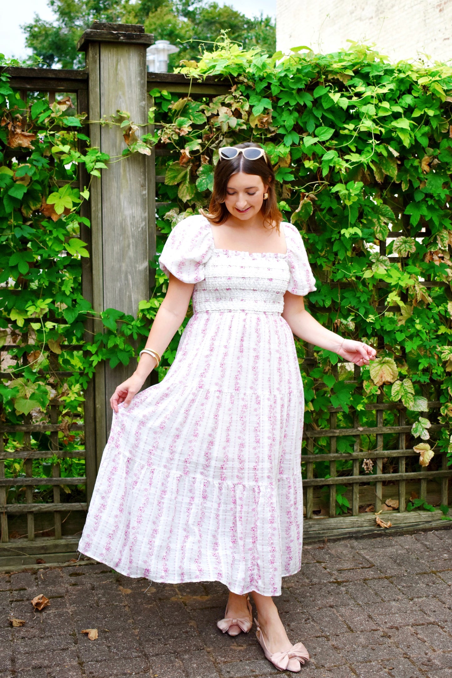 Mauve Smocked Lace Trim Puff Sleeve Maxi Dress