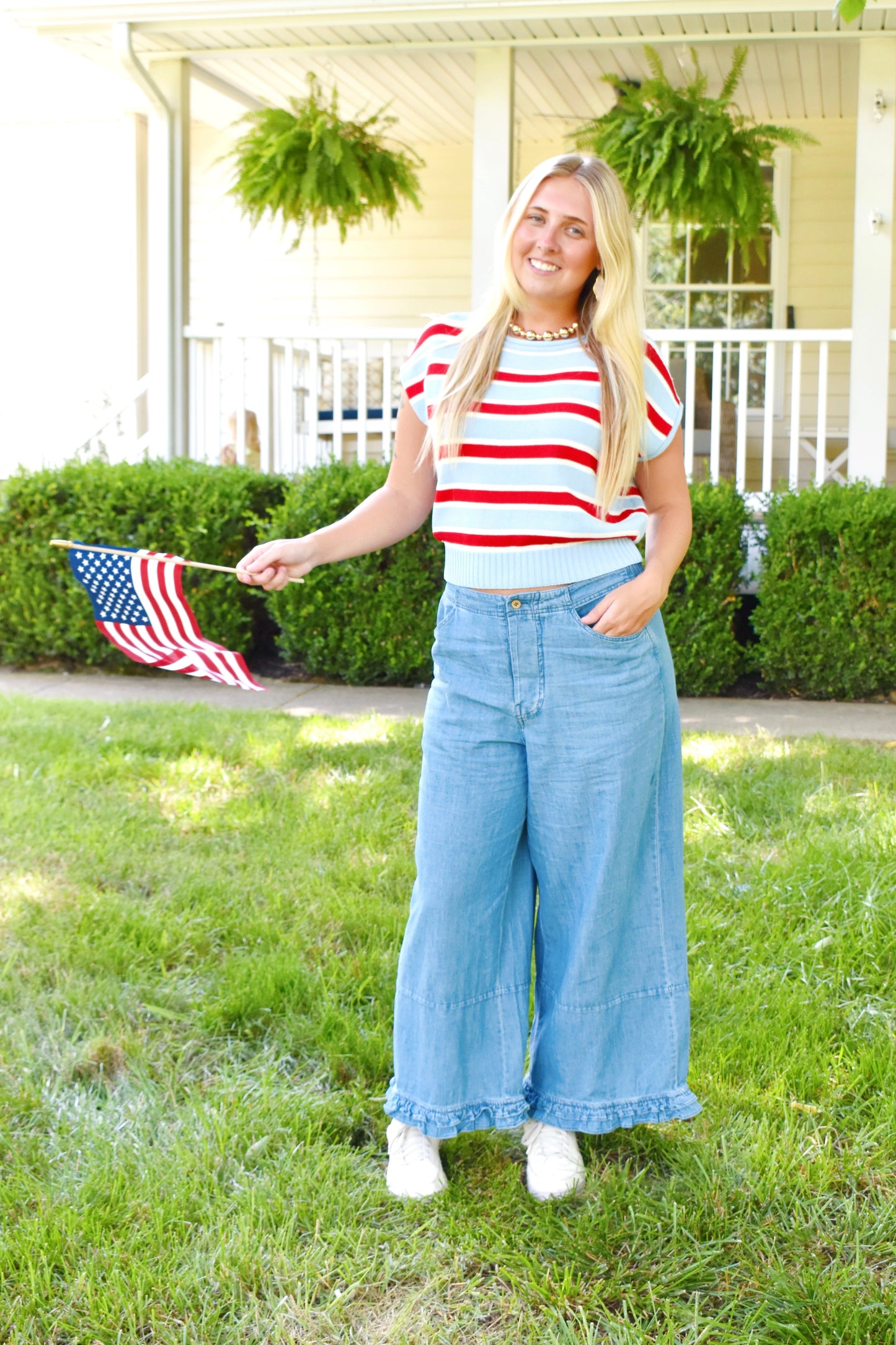 Denim Chambray Ruffle Hem Pants