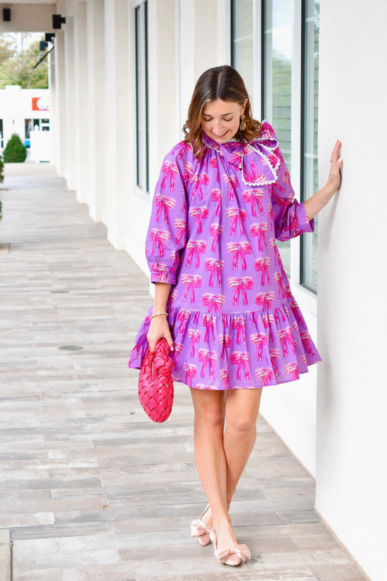 Lavender Bow Printed Tie Neck Dress