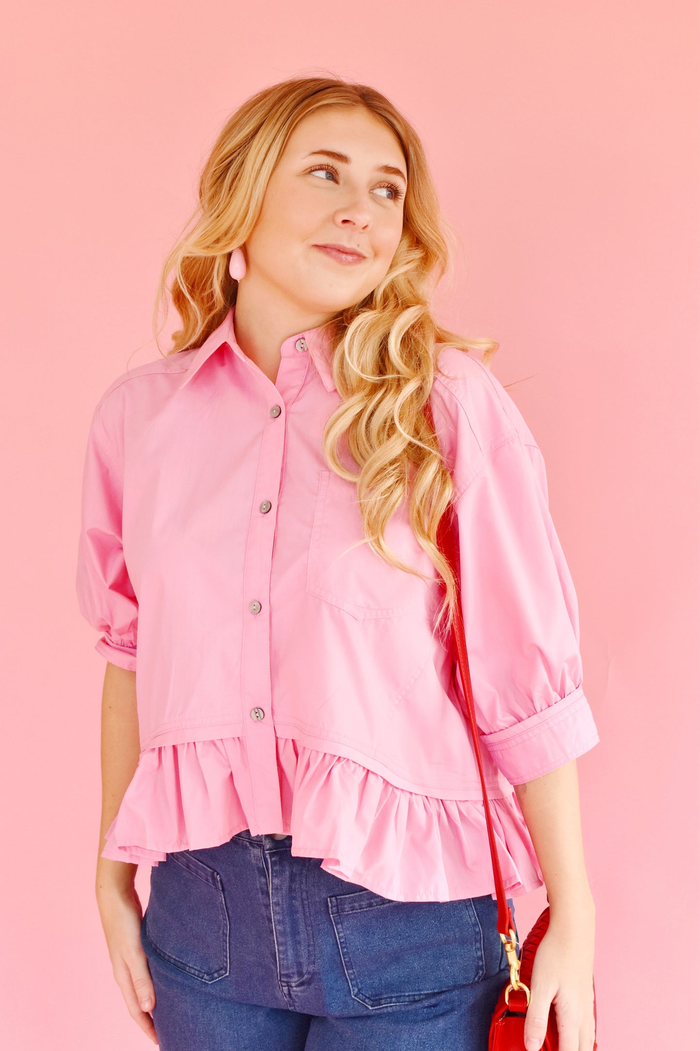 Pink Button Down Ruffle Hem Top