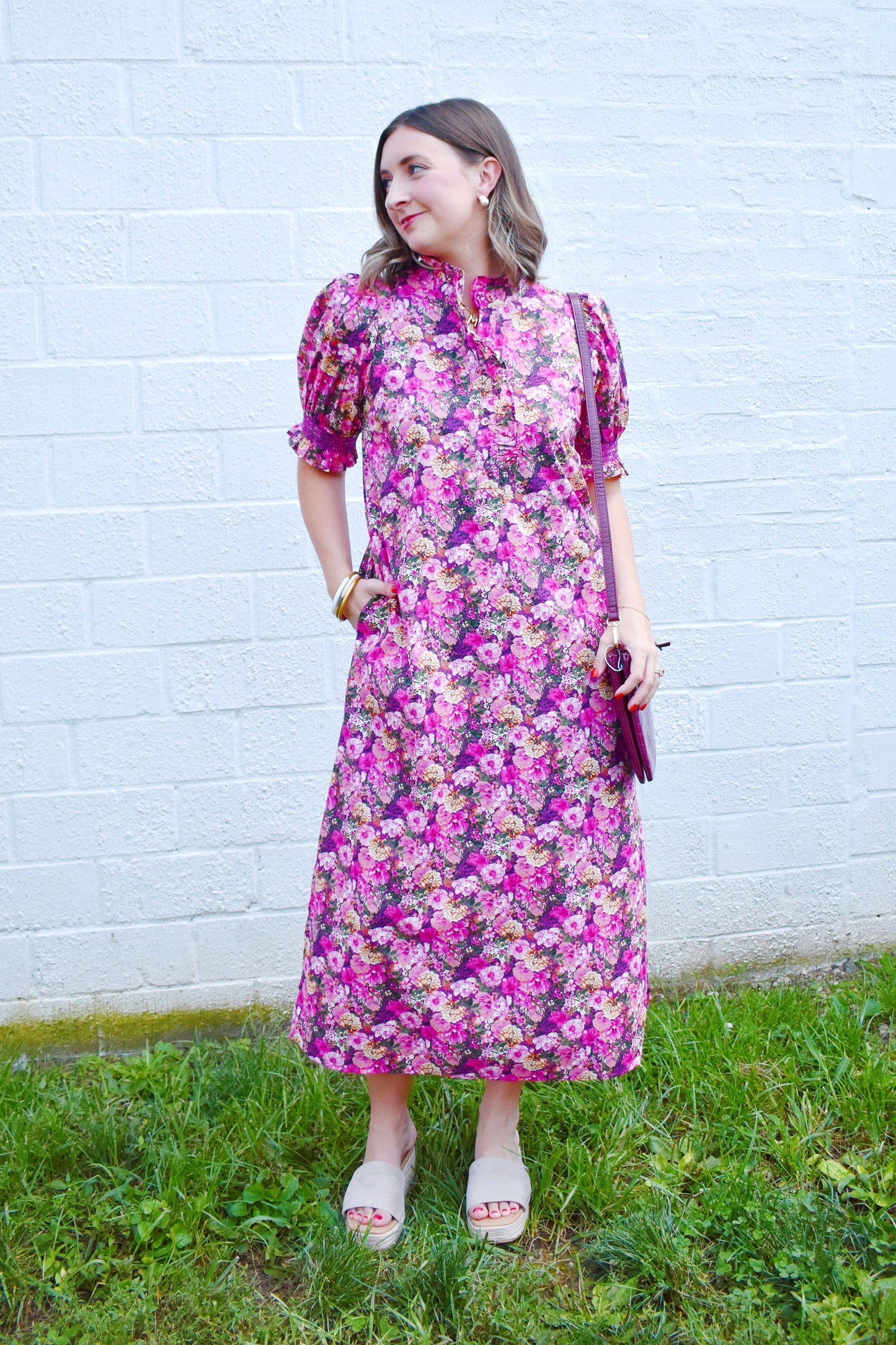 Magenta Floral Ruffle Neck Puff Sleeve Midi Dress