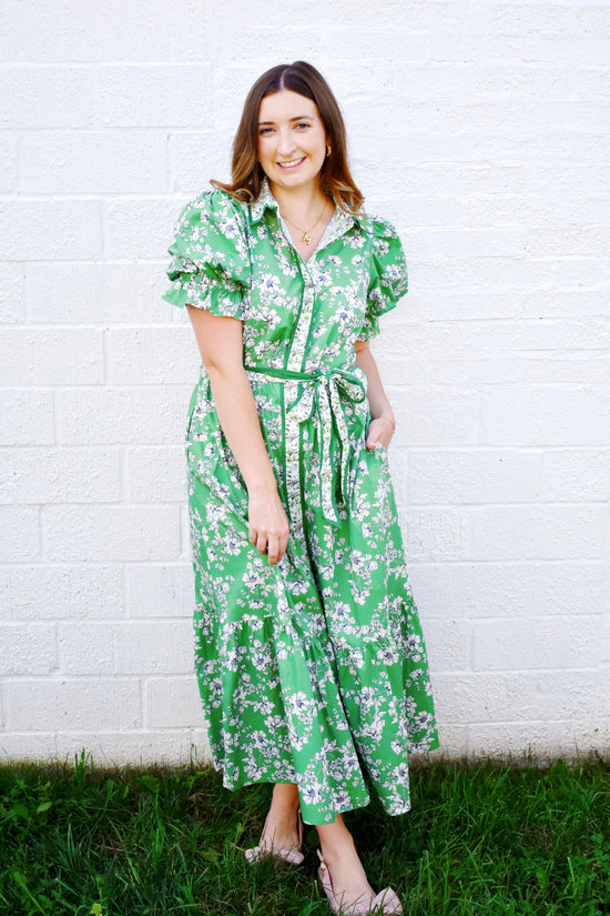 Olive Green Floral Tie Waist Midi Dress