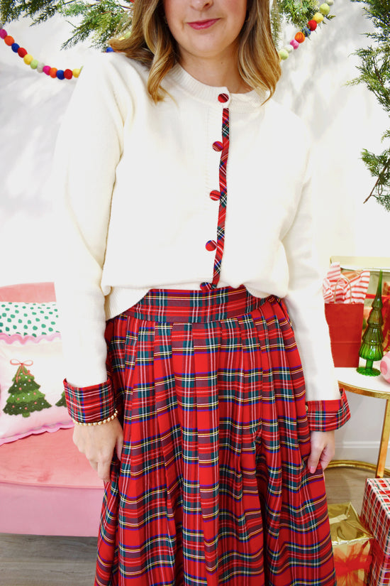 Cream Tartan Contrast Cardigan Sweater