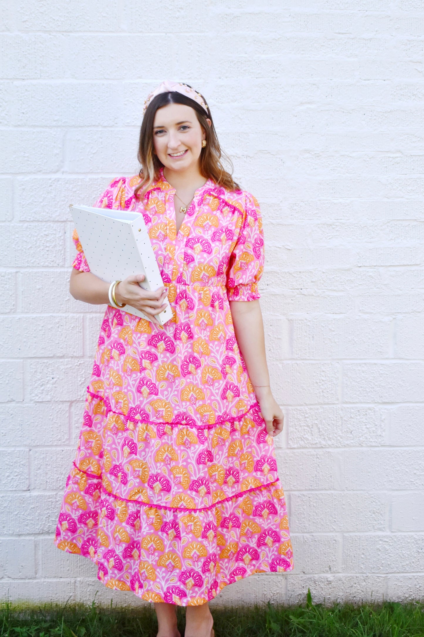 Pink & Orange Floral Pattern Tiered Midi Dress