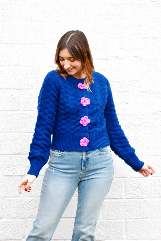 Navy & Pink Rosette Button Cardigan