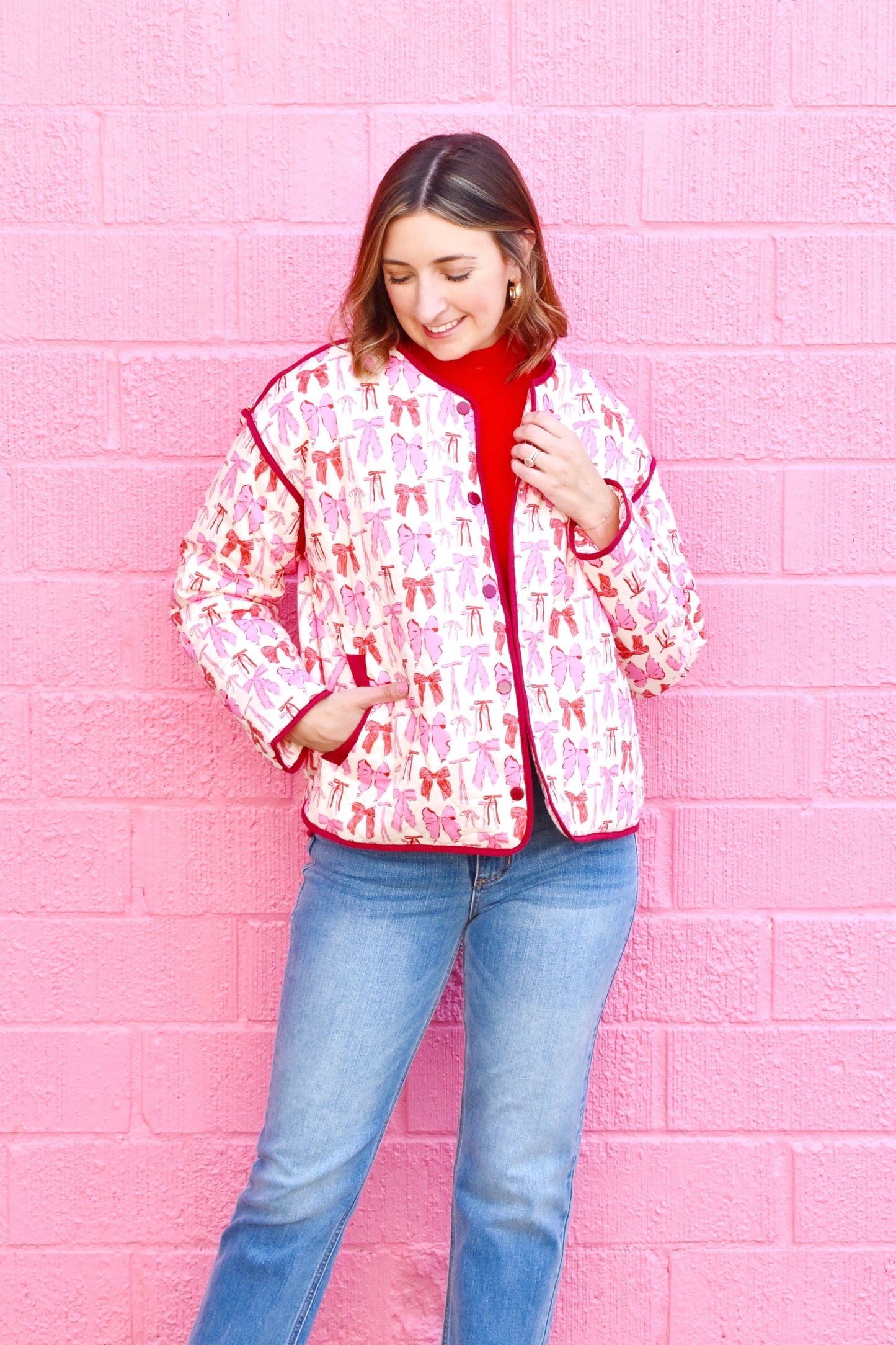 Pink Multi Bow Printed Quilted Jacket