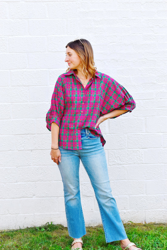 Magenta Plaid Oversized Button Up Top