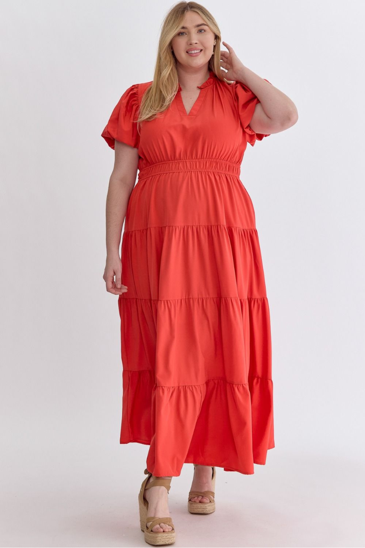 Plus Lady In Red Puff Sleeve Midi Dress
