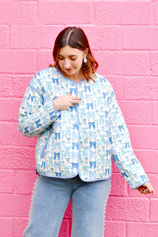 Blue Multi Bow Printed Quilted Jacket