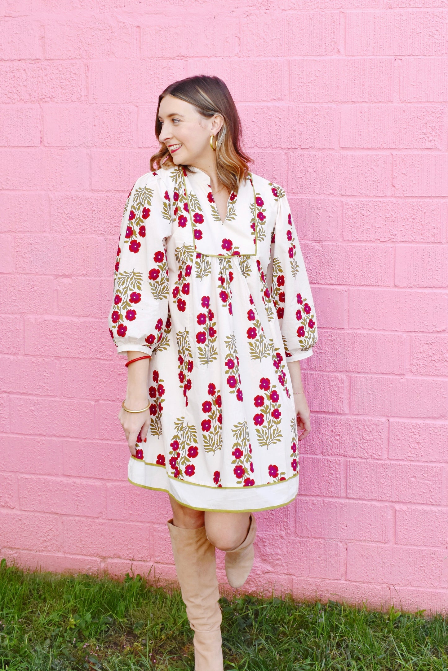 Jan Ecru Red Floral Babydoll Dress