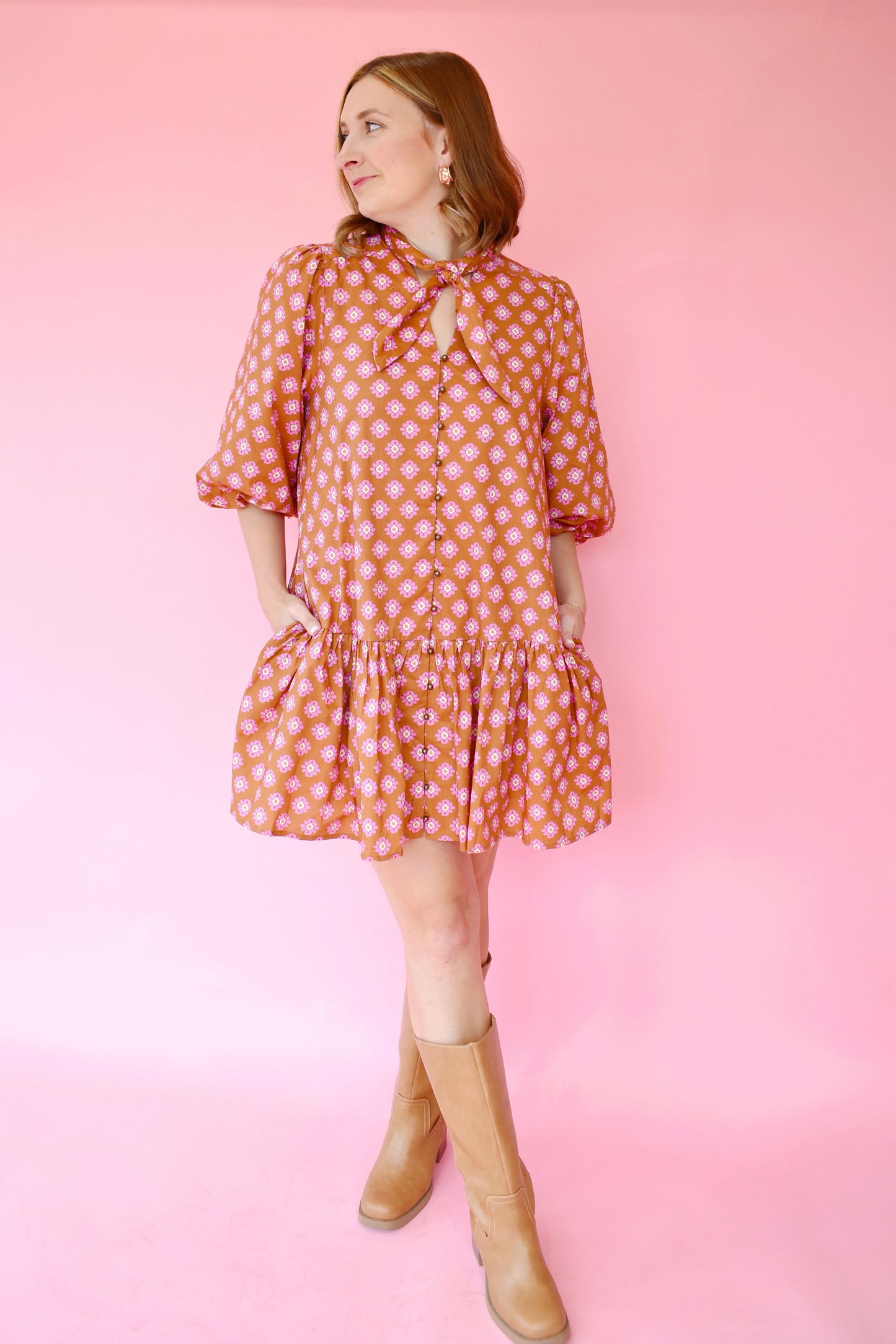 Camel Pink Floral Tie Neck Drop Waist Dress