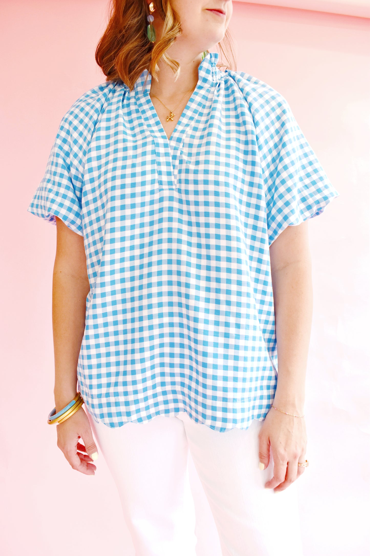 Blue Gingham Scallop Hem Blouse