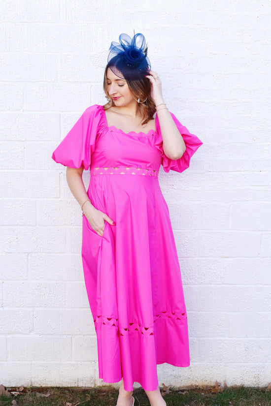 Hot Pink Puff Sleeve Scallop Trim Midi Dress