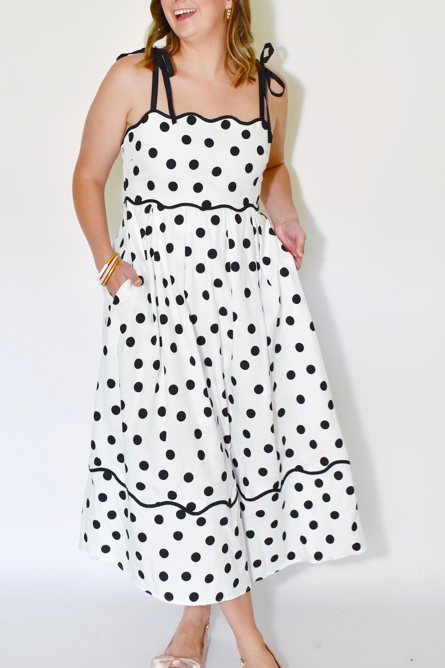 Cream & Black Polka Dot Scallop Tie Strap Midi Dress