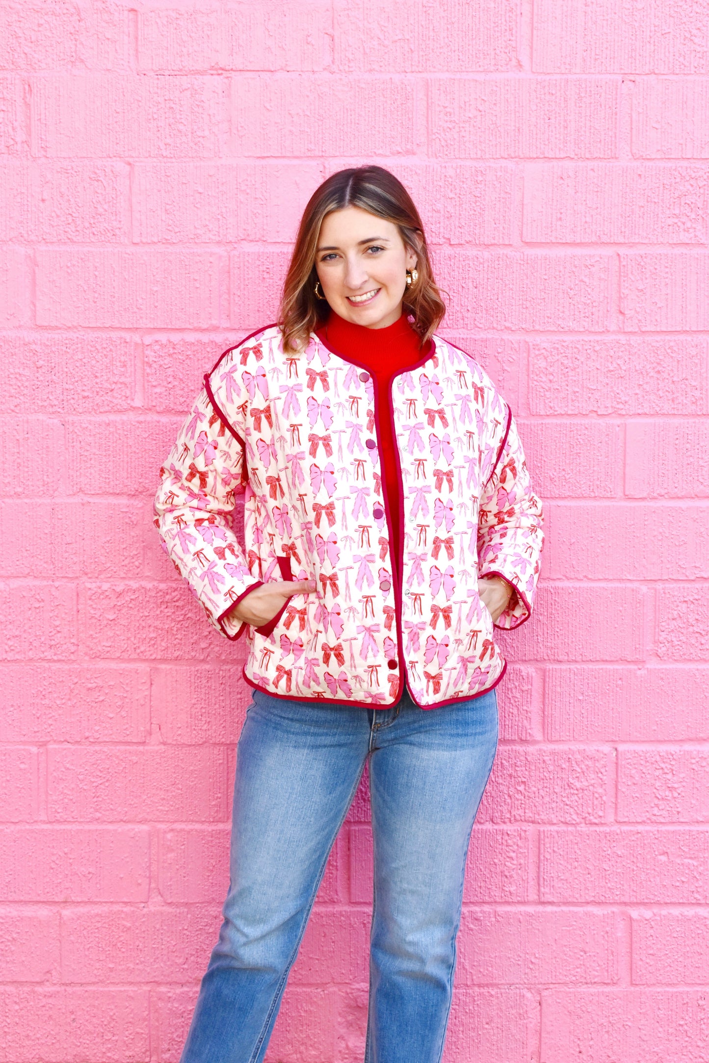 Pink Multi Bow Printed Quilted Jacket