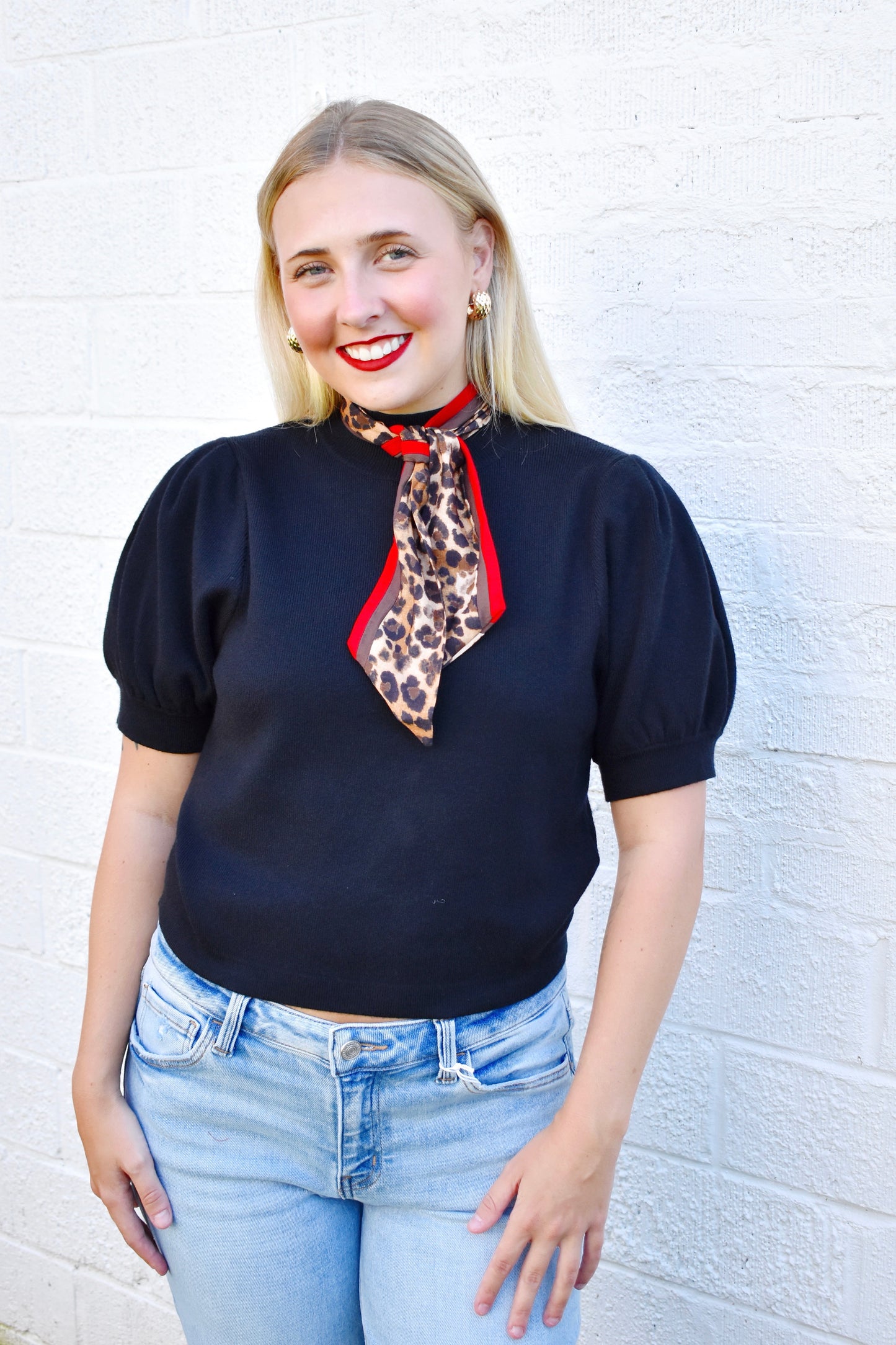 Black Leopard Neck Scarf Short Sleeve Sweater