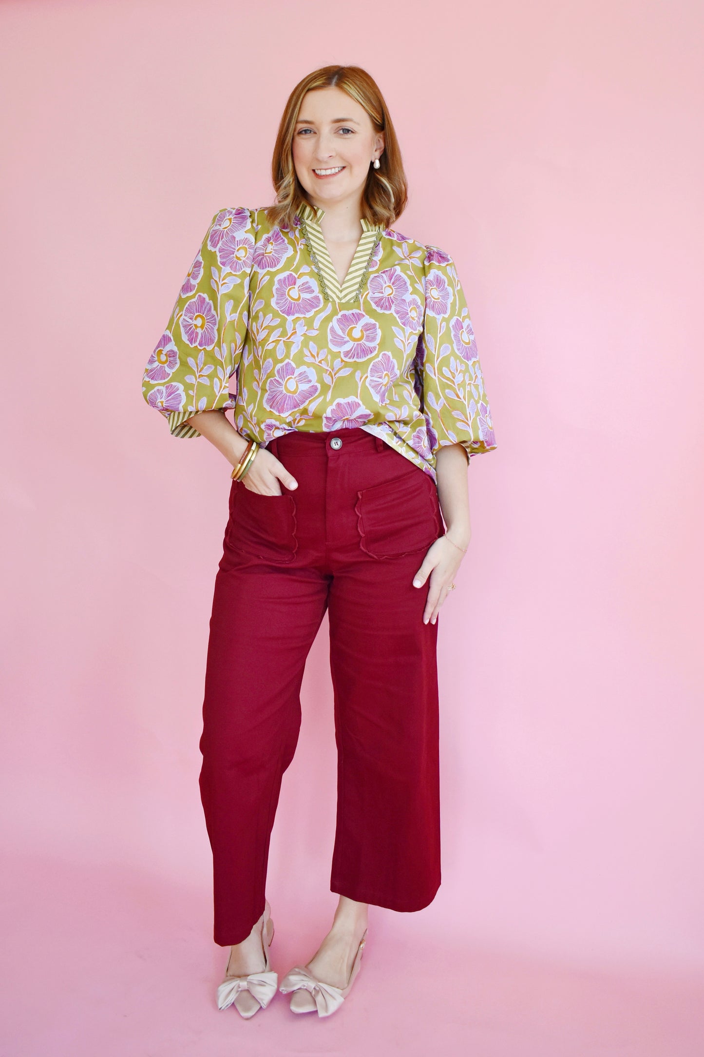 Burgundy Scallop Pocket Wide Leg Pants