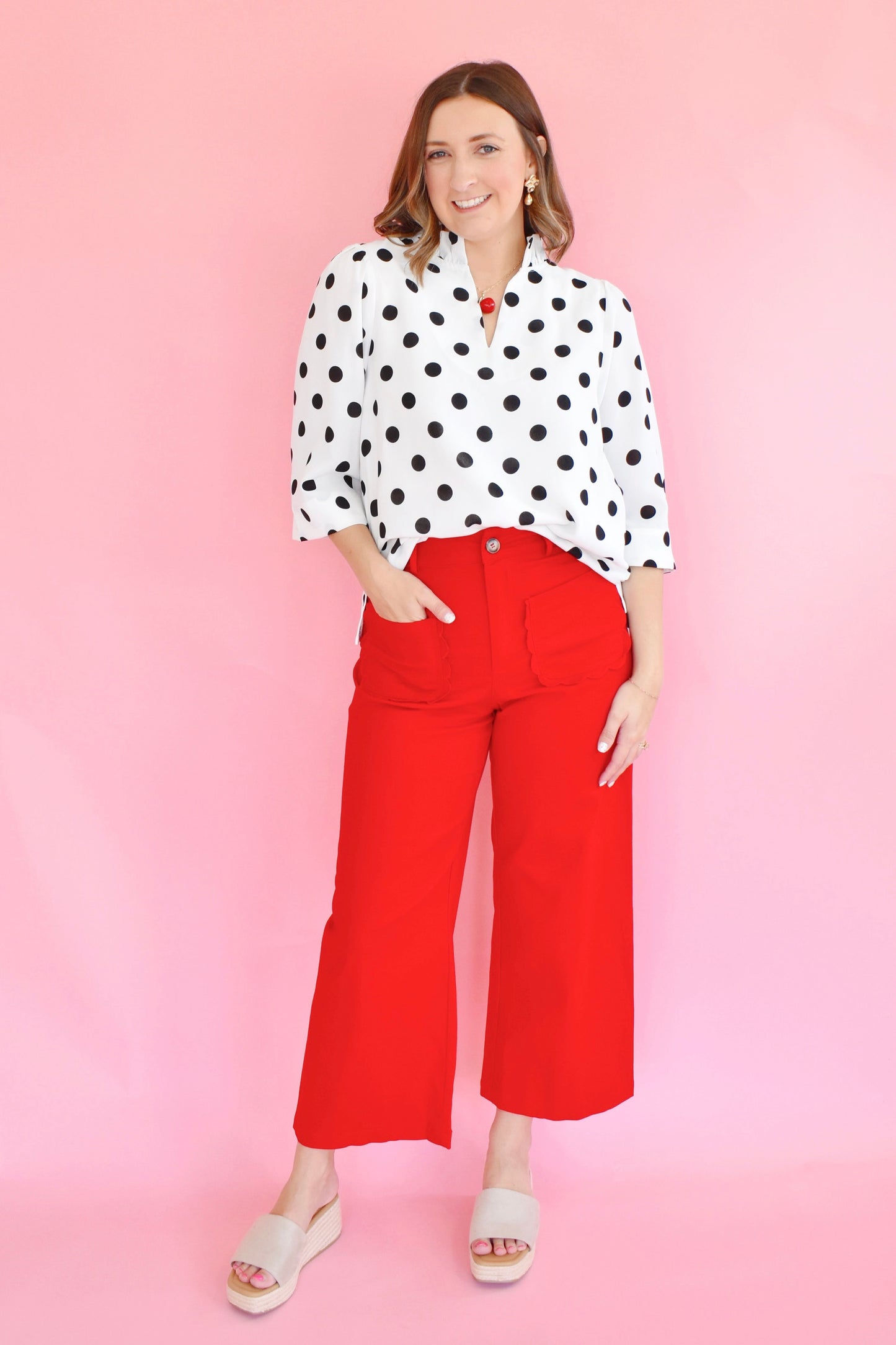 White & Black Polka Dot Ruffle Neck Top