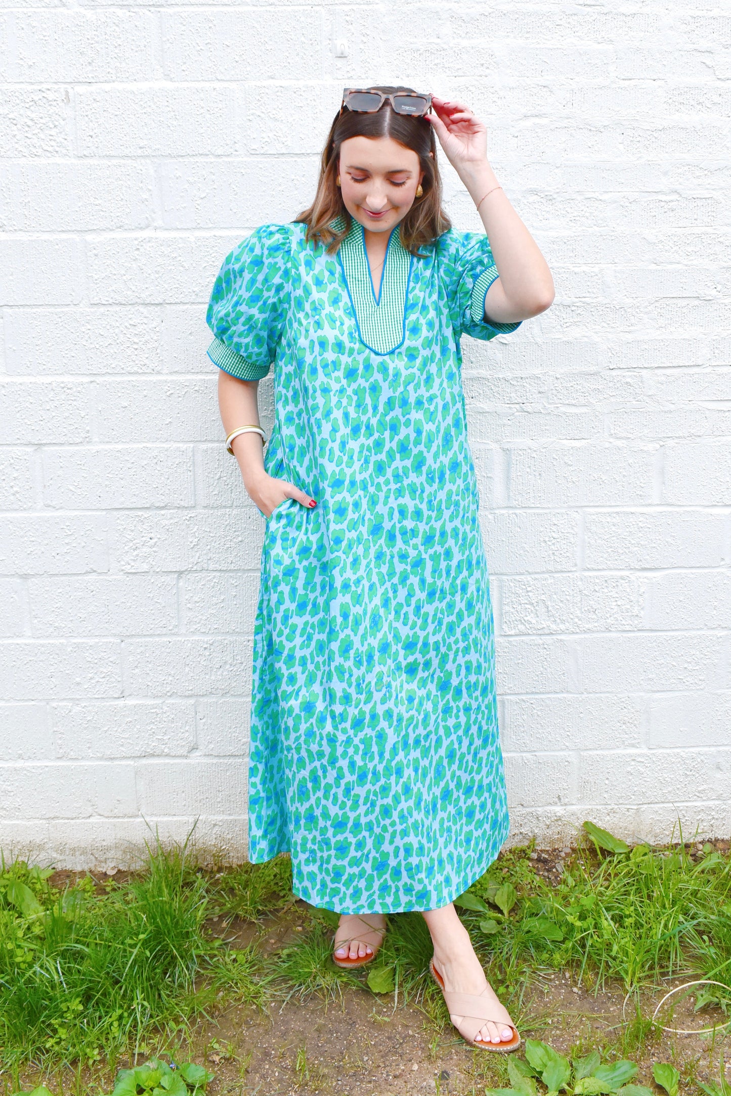 Green & Blue Leopard Spot Gingham Contrast Midi Dress