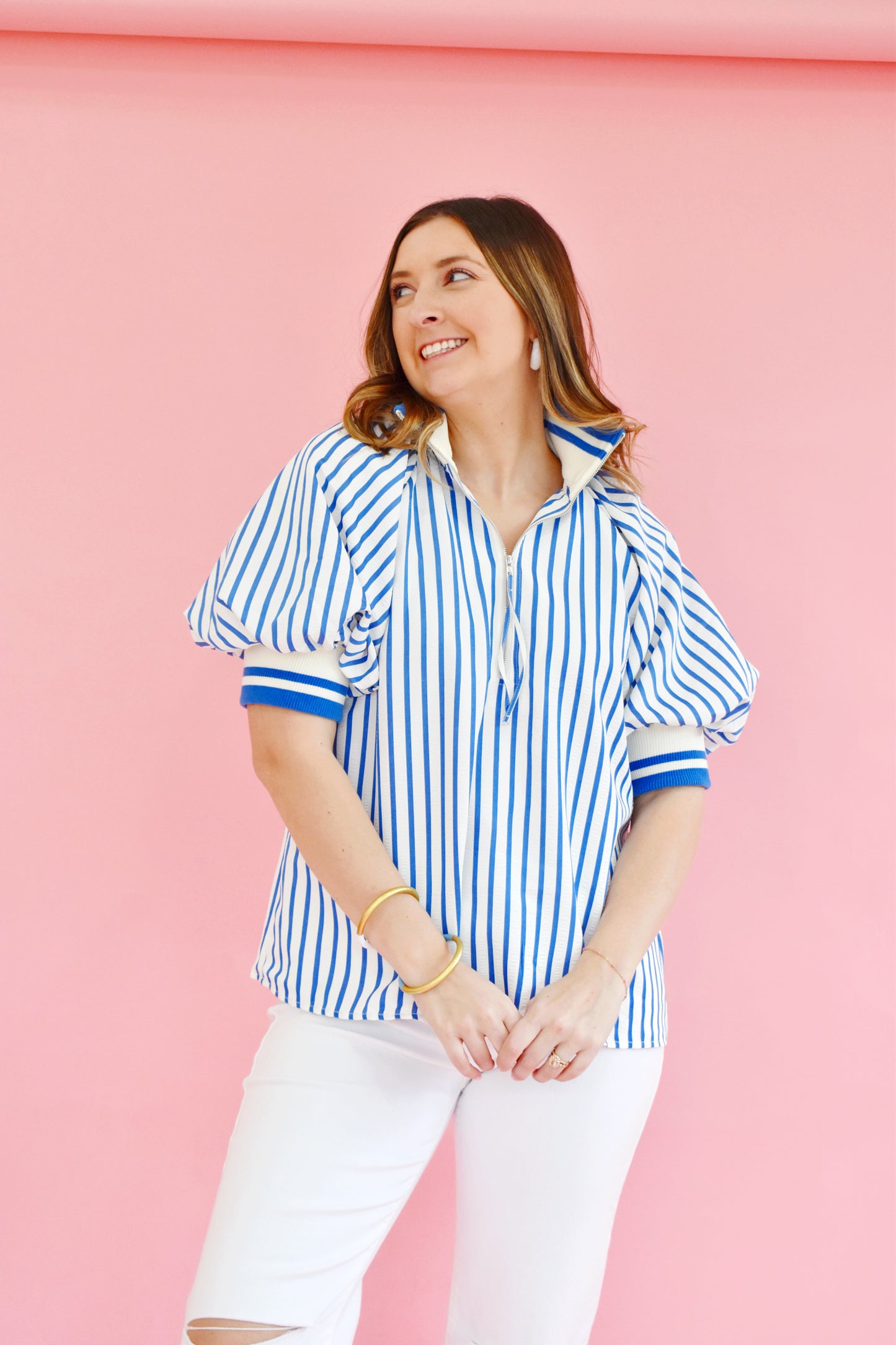 Blue Striped Zip Top