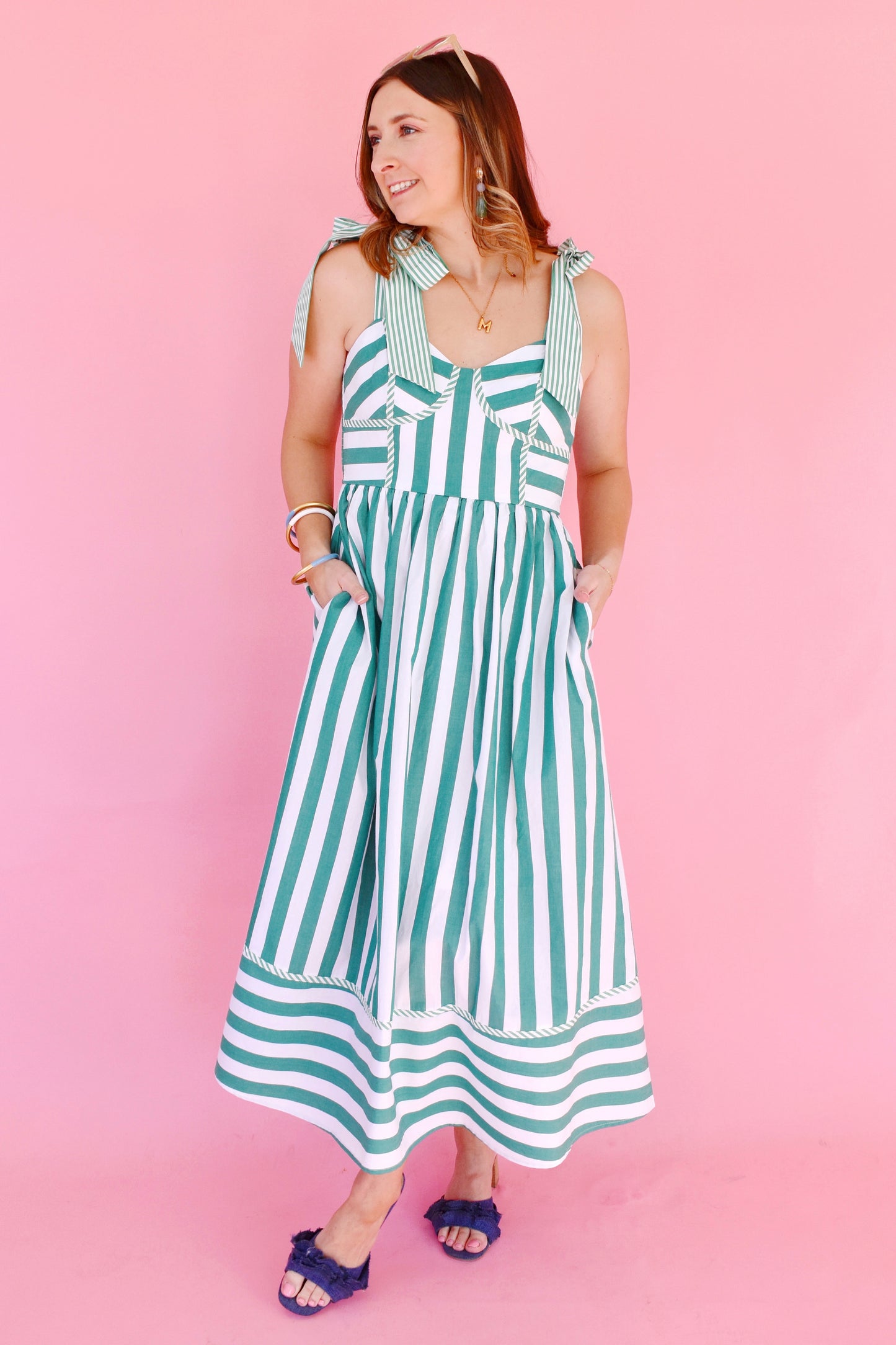 Green & White Striped Tie Strap Midi Dress