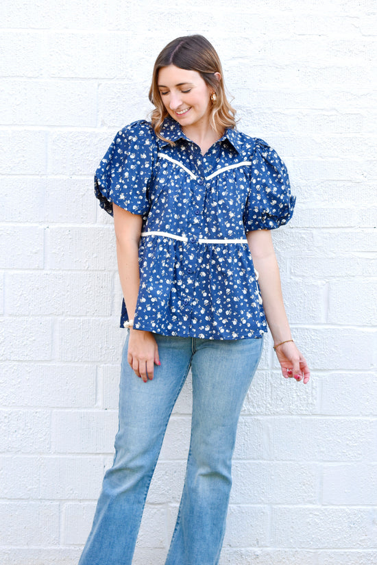 Navy Ditsy Floral Bubble Sleeve Blouse