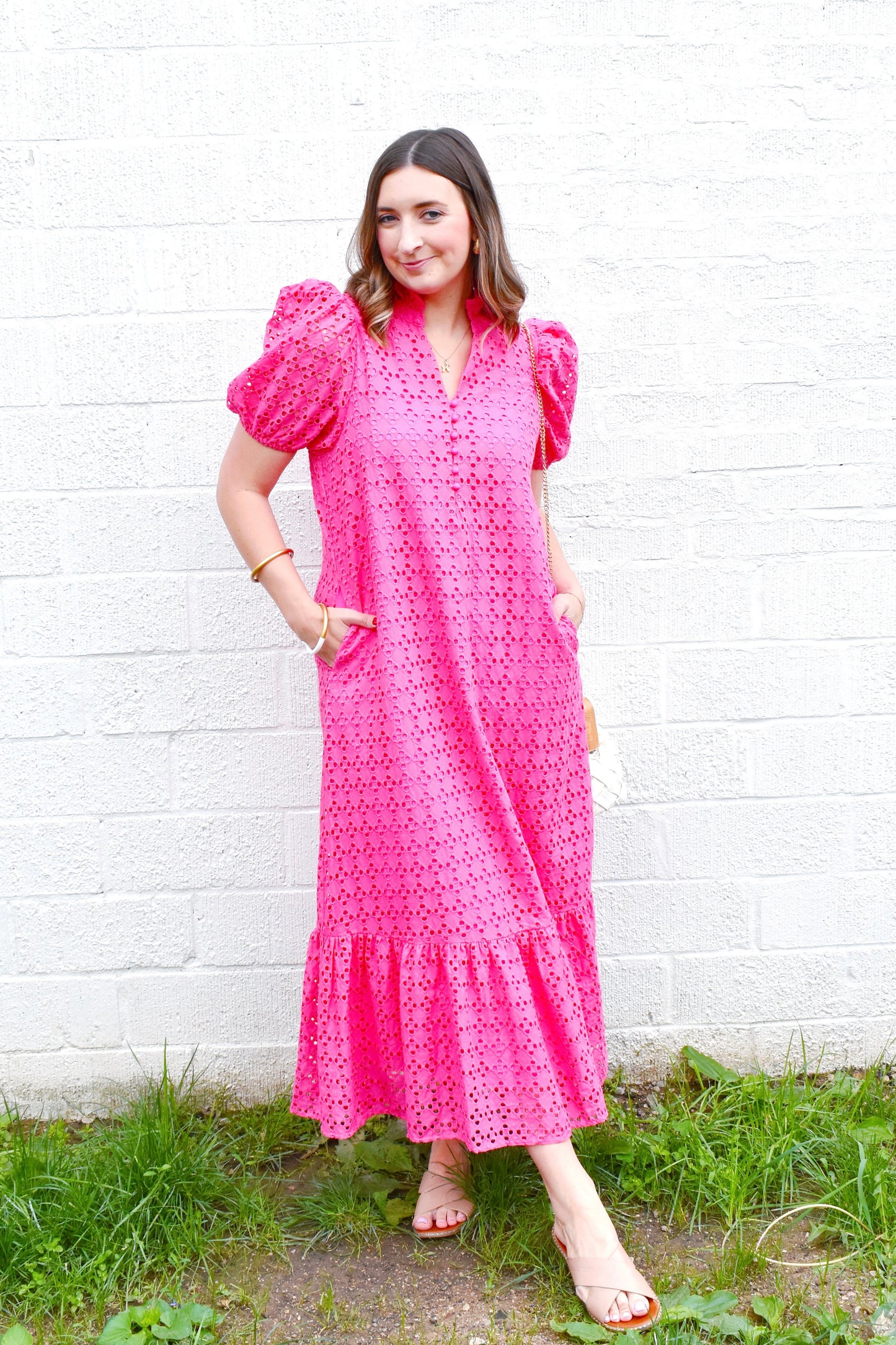 hot pink eyelet dress V-Neck Embroidered Eyelet Cotton Dress in Hot Pink