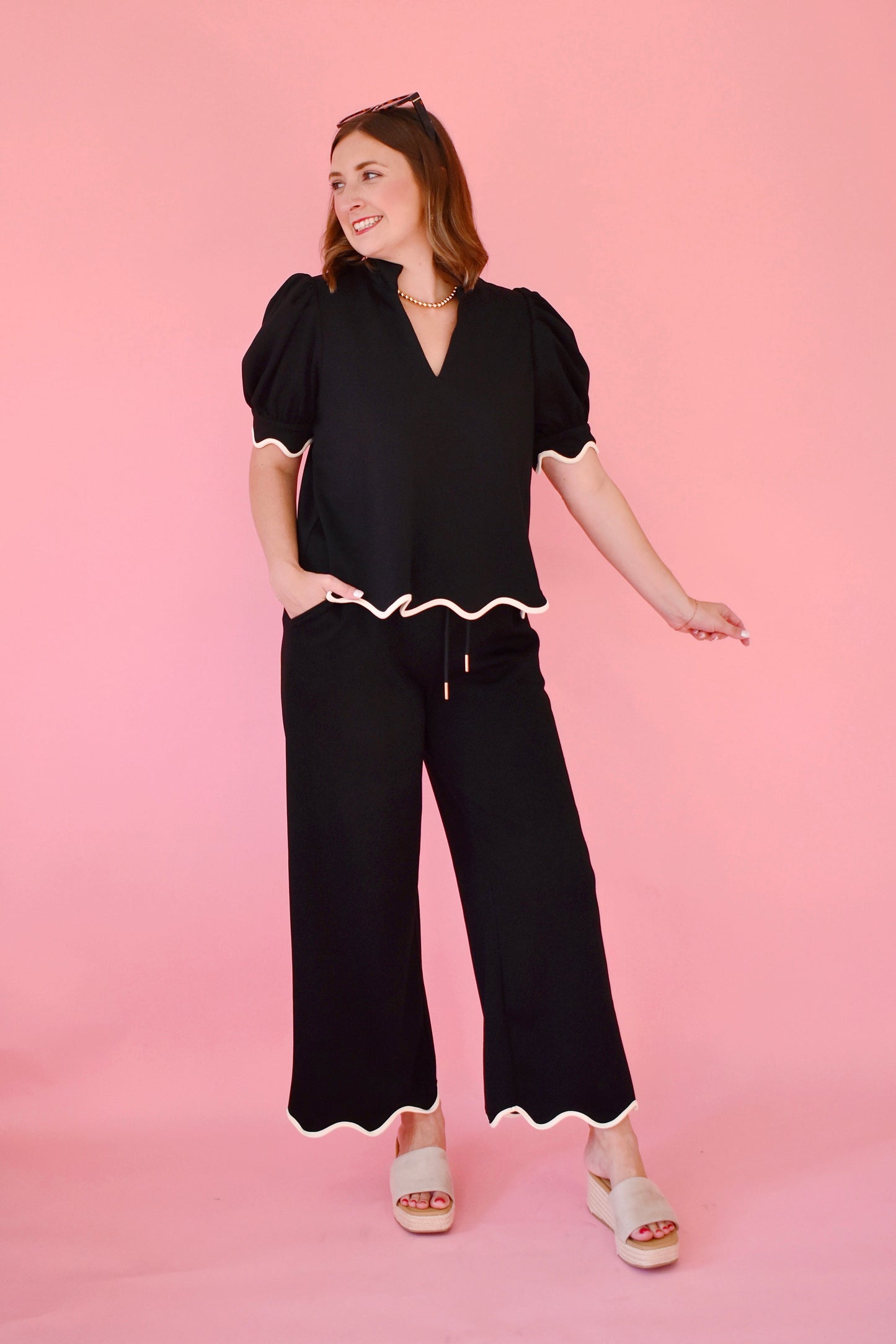 Black Scallop Edge Drawstring Pants