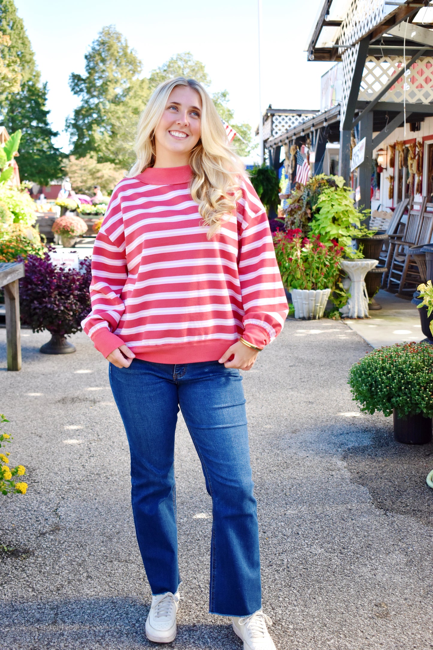 Red Pink Stripe Mock Neck Lightweight Sweatshirt